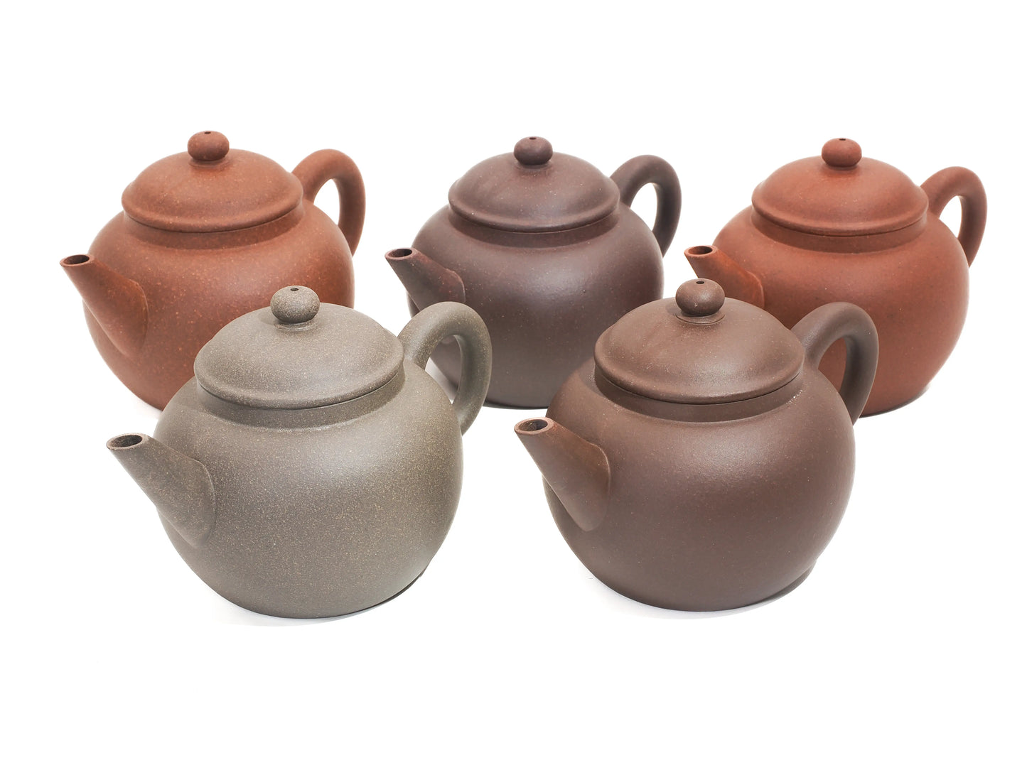 The complete "Five Blessings" set featuring five Mo Yuan Zhai teapots in Diamond, Jade, Gold, Silver, and Bronze clay grades.